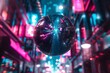 Capture a sleek, silver metallic orb hovering above in a low-angle view, reflecting neon lights of an abstract cityscape, merging futuristic technologies with abstract art