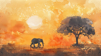 Wall Mural - Watercolor painting depicting an elephant walking across the African savanna at sunset