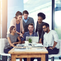 Aufkleber - Business people, laptop and collaboration in office meeting for planning, conversation and communication. Happy, colleagues or diverse employee in group for reading ideas, teamwork or project
