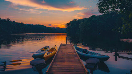 Wall Mural - Kayaks Adrift on the Calm Waters of a Sunset Lake