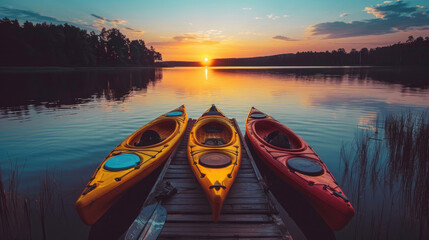 Wall Mural - Kayaks Adrift on the Calm Waters of a Sunset Lake