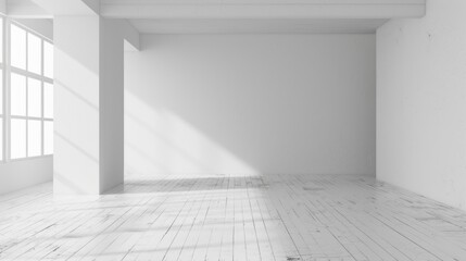 an empty white room with wood floors and a white wall