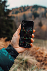 Wall Mural - A person holding a phone with a stock market graph on the screen