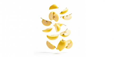 Wall Mural - yellow apple Pieces and slices floating in the air on a white background.