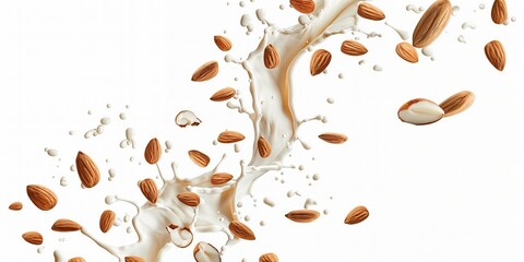 Dried almonds floating in streams of milk splash in the air on a white background.