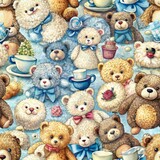 Fototapeta  - Seamless pattern of fluffy teddy bears gathered around a tea party, Generative AI