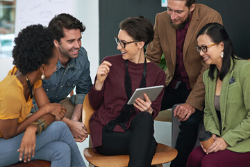 Poster - Business, meeting and happy people with tablet in office for teamwork, collaboration and support with design project. Digital agency, review or group with mentor for training, feedback or app testing