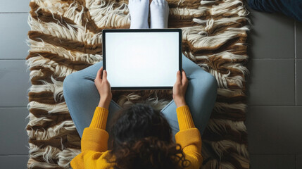 Wall Mural - A woman is sitting on a rug with a tablet in her lap