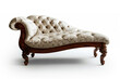 A vintage-inspired chaise longue with elegant curves and ornate wooden legs, isolated on a solid white background.
