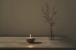 A serene scene of a minimalist table with a single candle flickering gently The soft, rhythmic movement of the flame against the bare table creates a calming atmosphere