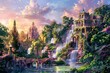 A beautiful landscape with a castle, waterfalls, and a river