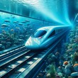 An intercity undersea train traveling through a transparent tunnel