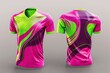 A 3D jersey with a vibrant color combination of magenta and neon green stands prominently
