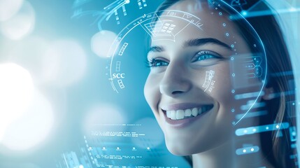 Aufkleber - Smiling Young Woman with Futuristic Digital Overlay. Concept of Technology and Innovation. Modern Style Portrait for Tech Startups. Ideal for Digital Media Representation. AI