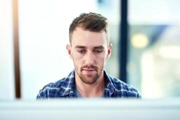 Leinwandbilder - Business, thinking and man with ideas, decision and calm thought with graphic artist, illustrator or web designer. Person, entrepreneur or employee with startup, reading email or review project brief