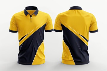 A 3D jersey with a vibrant color combination of sunshine yellow and navy blue stands prominently
