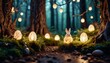 Enchanted Forest Path Lined With Illuminated Eggs and a Single Bunny at Dusk, easter