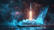 © Lucky Ai - Startup business and launch project concept with digital glowing blue rocket on dark background