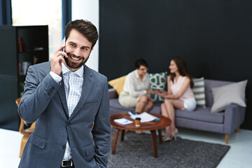 Aufkleber - Happy businessman and phone call with smile for chat, business proposal and communication in office. Corporate male, employee and talking on mobile with happiness for conversation in workplace