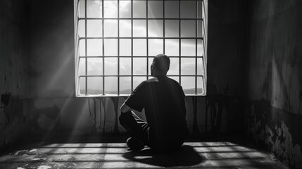 An inmate sitting alone in a prison cell, looking out a small window with bars, reflecting on freedom lost