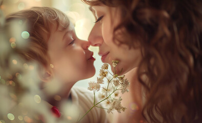 closeup of a happy mother's day child son surprise gives flowers for mother on holiday and kisses a 