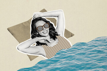 Sticker - Composite photo collage of positive pretty girl wear sunglass sunbathing sea vacation pillow dream fantasy isolated on painted background