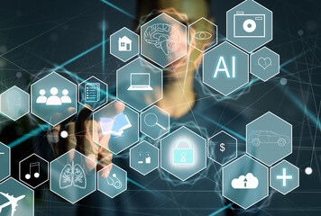 Aufkleber - Manager Technical Industrial Engineer working and control robotics with monitoring system software and icon industry network connection on tablet. AI, Artificial Intelligence.