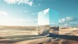 © miss[SIRI] - Surreal and stark, a mirror cube in the middle of the desert reflects the endless sands and sky, merging into one