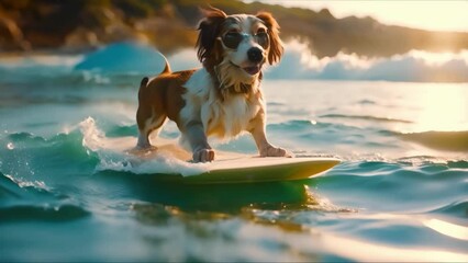 Wall Mural - Surf's Pup! Cool Jack Russell Catches Waves. Concept Pet Photography, Beach Adventures, Water Sports, Paws and Waves, Adventurous Animals