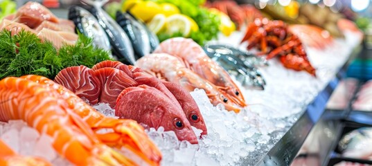 Vibrant fish and seafood display on ice at market  freshness and detail captured in close up