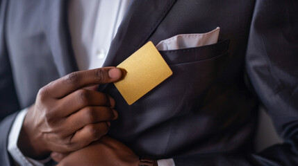 A man is holding a gold card in his pocket