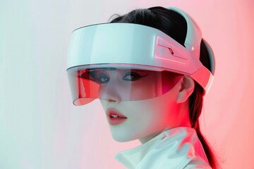 Beautiful woman with flowing hair in futuristic dress on white background. Girl in virtual reality glasses. Augmented reality, game, future technology concept. VR.