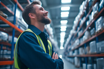 Poster - A man wearing a yellow vest is smiling as he looks up at the ceiling. He is in a warehouse with many shelves and boxes