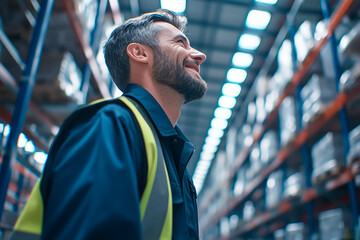 Poster - A man wearing a yellow vest is smiling as he looks up at the ceiling. He is in a warehouse with many shelves and boxes