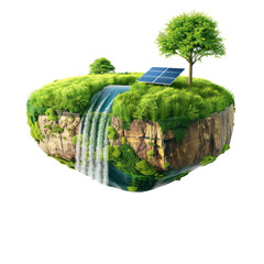 Wall Mural - floated green grass island with waterfall and solar panel and wind turbine isolate on transparency background PNG