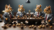 Five toy squirrels in suits are sitting around a table covered in nuts.

