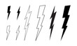 Set of bolt icons. Thunder, electric light flash, battery charging, warning, energy or power signs. Speed, shock or strike anime symbols isolated on white background. Vector graphic illustration