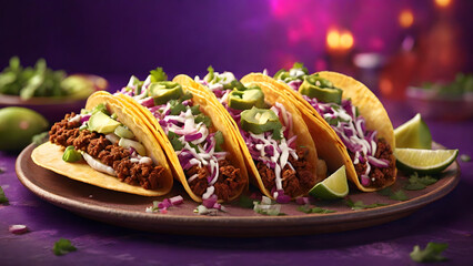 Close up on delicious tacos, isolated on a purple background, photorelistic