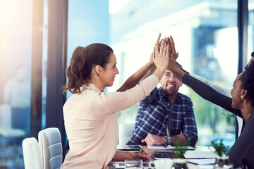 Poster - Startup, success or business people high five in meeting for celebration of goals, target or teamwork. Partnership, smile or excited designers in office for motivation, solidarity or winning deal