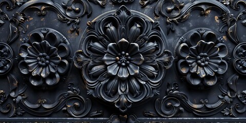 Wall Mural - Intricate Dark Ornate Pattern Wallpaper. Black 3D Rosette Background.