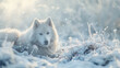 A fluffy Samoyed lounging in a snowy field, with snowflakes settling on its fur