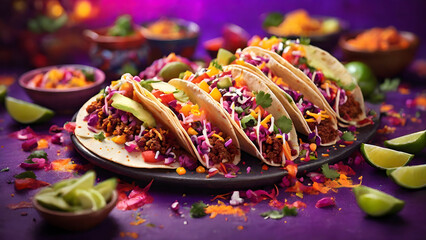 Wall Mural - Close up on delicious tacos, isolated on a purple background, photorelistic
