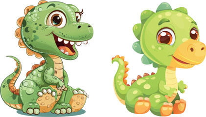 Sticker - Cute dinosaurs. Baby cartoon smiling dinosaur animals