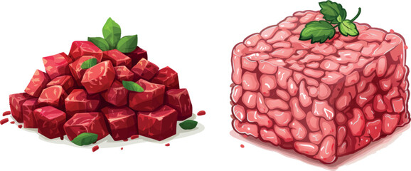Poster - Cartoon mince. Ground meat minced pork red beefraw diced raw beef closeup, chopped cube lamb product uncooked forcemeat