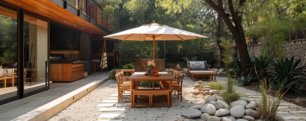 Canvas Print - stylish sun umbrella and dining table