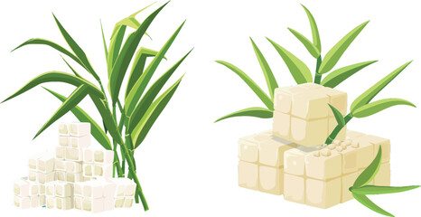 Aufkleber - Sugar cubes with cane stalks. Sugarcane plants agriculture, cartoon vector flat icon