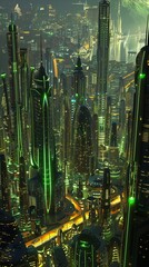Wall Mural - futuristic night eco friendly city with glowing lights and tall unusual shaped buildings