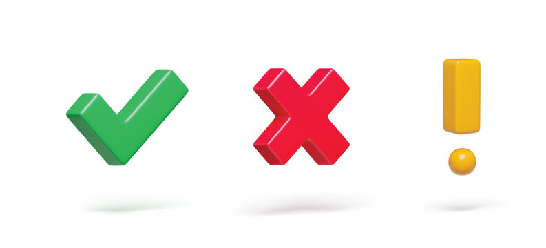 Right, wrong and exclamation caution check marks on white set. Acceptance, rejection and attention. Tick, cross, exclamation point three-dimensional rendering vector illustration