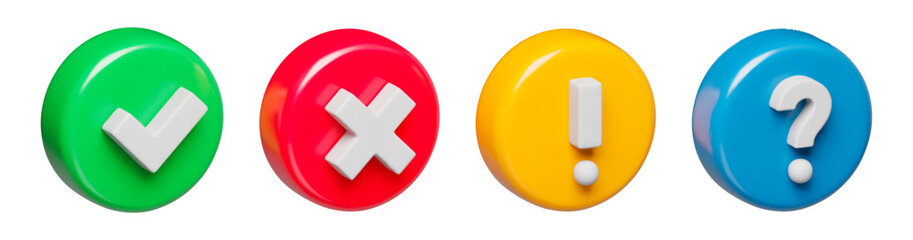 Fototapete - Acceptance, rejection, attention and question symbols glossy 3d realistic buttons. Right, wrong and exclamation check marks three-dimensional rendering vector illustration