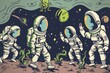 Cartoon cute doodles of a group of astronauts on a mission to explore a distant planet, encountering strange and hostile alien life forms, Generative AI